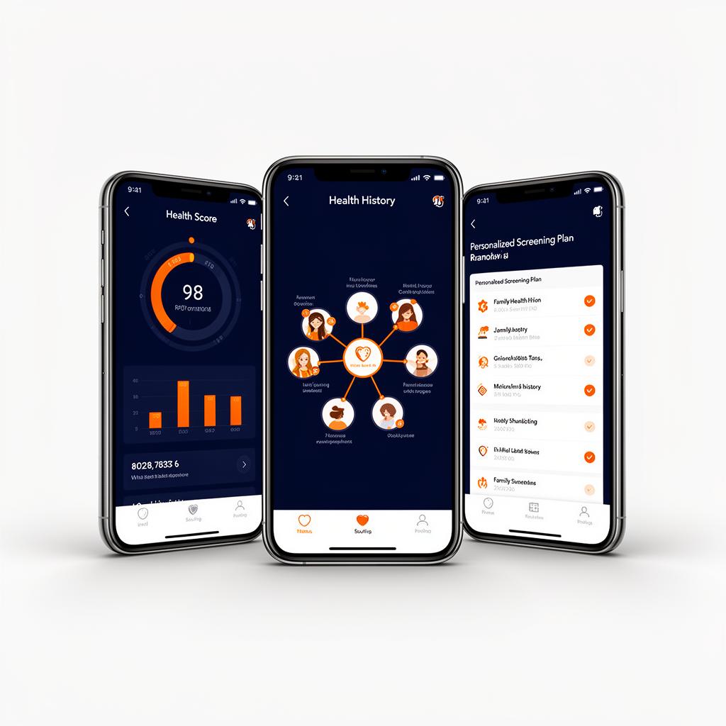 MyVya360 app screens showing health score, family history, and screening plan
